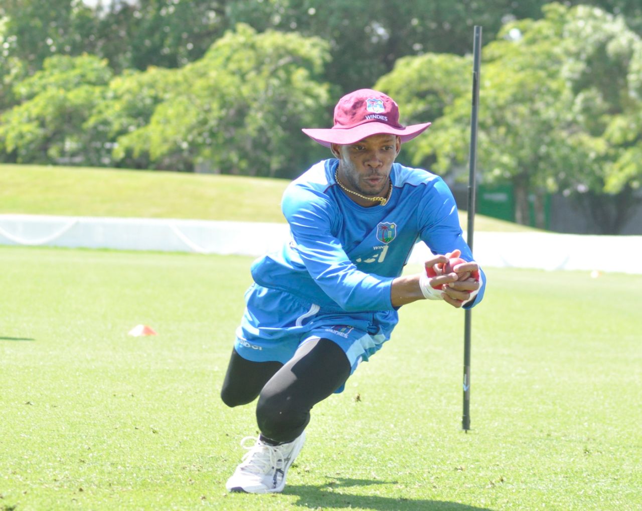 Roston Chase goes through a fielding drill during a training session, New Zealand v West Indies, Lincoln, November 23, 2017