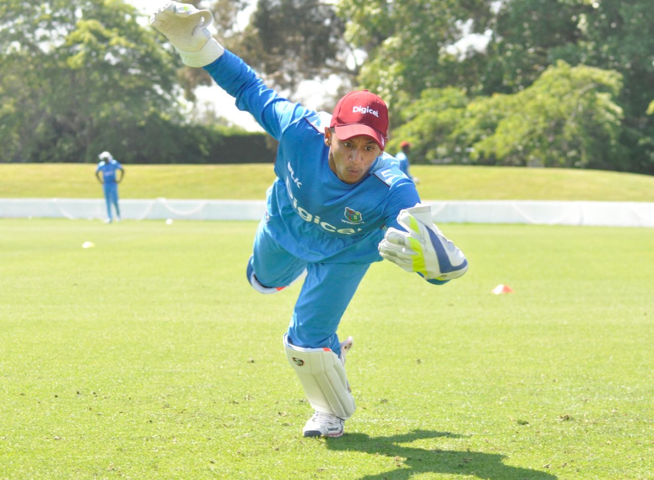 Shane Dowrich hones his wicketkeeping skills during a training session, New Zealand v West Indies, Lincoln, November 23, 2017