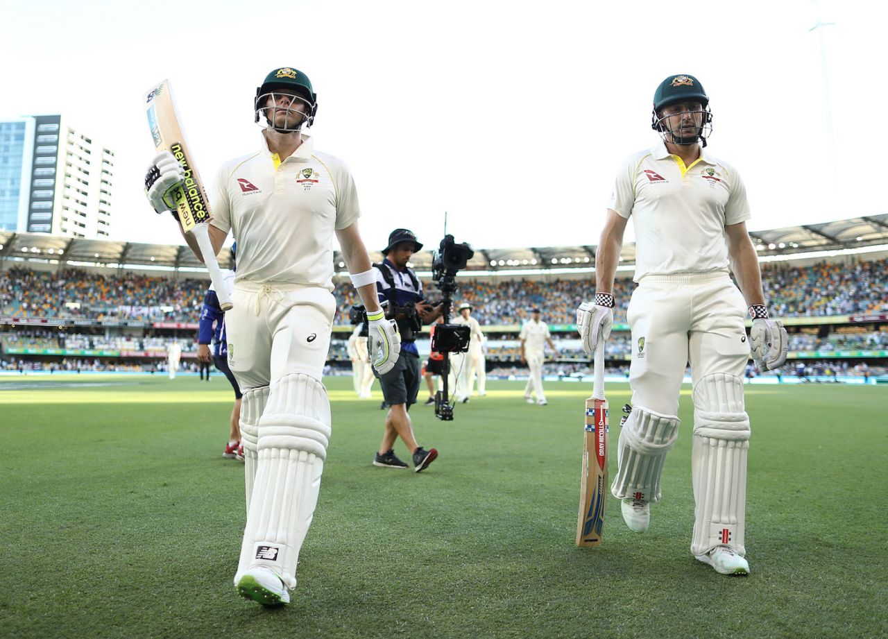 Shaun Marsh and Steven Smith walk off at the end of the second day, Australia v England, The Ashes 2017-18, 1st Test, Brisbane, 2nd day, November 24, 2017