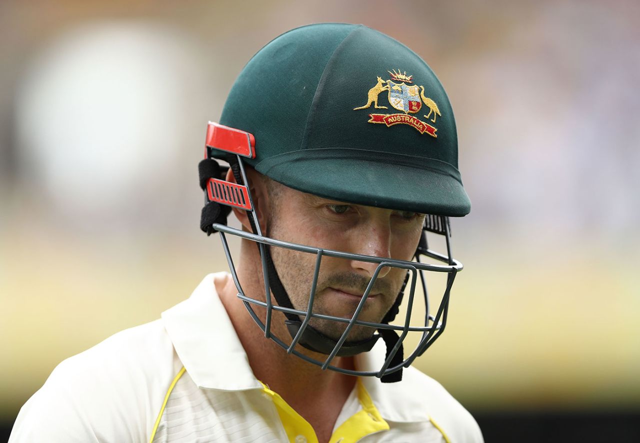 Shaun Marsh ponders the shot that brought his demise, Australia v England, 1st Test, Brisbane, 3rd day, November 25, 2017