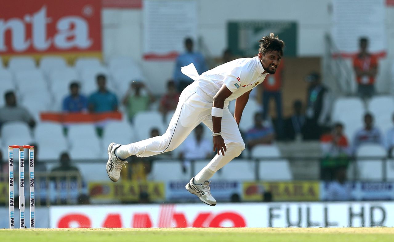 Suranga Lakmal in his follow through, India v Sri Lanka, 2nd Test, Nagpur, 2nd day, November 24, 2017