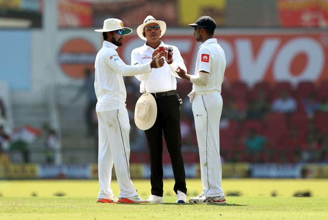Umpire Joel Wilson inspects the ball, India v Sri Lanka, 2nd Test, Nagpur, 2nd day, November 24, 2017