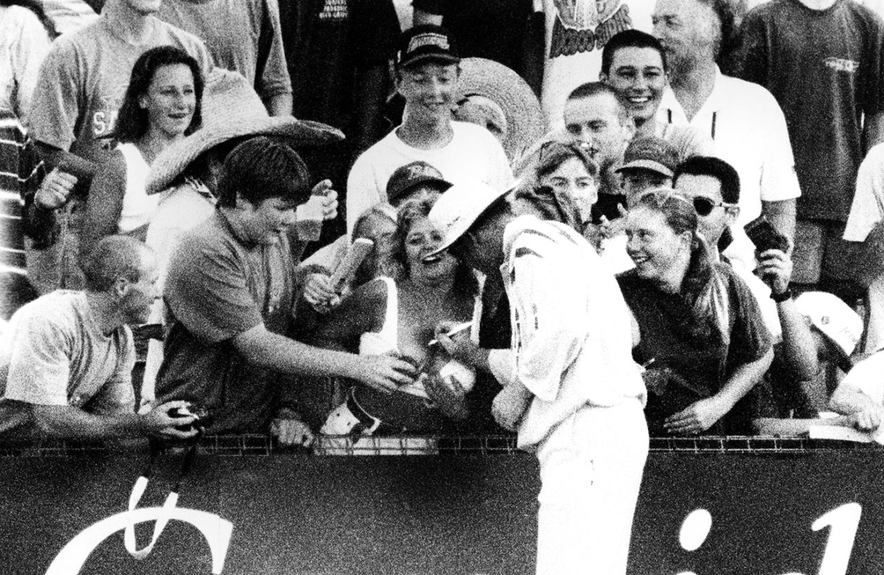 A fan gets her breasts signed by Shane Warne, Australia v South Africa, 3rd final, Benson & Hedges World Series, Sydney, January 25, 1994