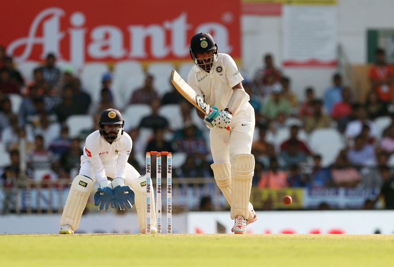 Cheteshwar Pujara drives down the ground, India v Sri Lanka, 2nd Test, Nagpur, 2nd day, November 25, 2017
