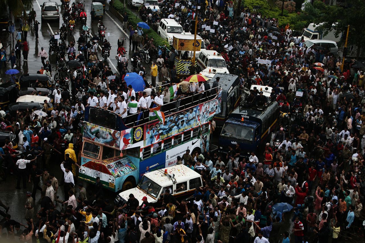 India's World Twenty20-winning team during an open-top bus parade through Mumbai, 26 September 2007