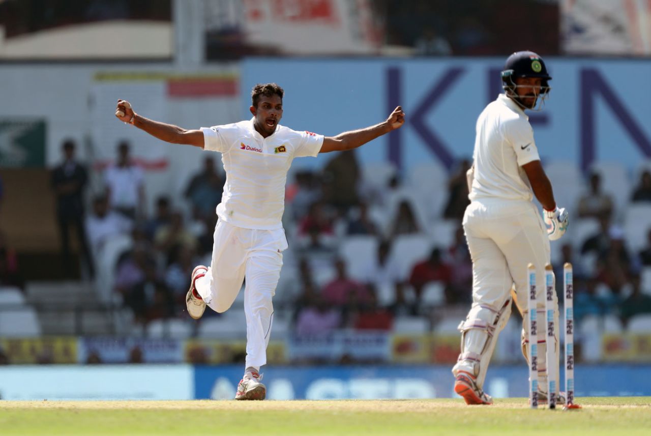 Dasun Shanaka celebrates after dismissing Cheteshwar Pujara, India v Sri Lanka, 2nd Test, Nagpur, 3rd day, November 26, 2017