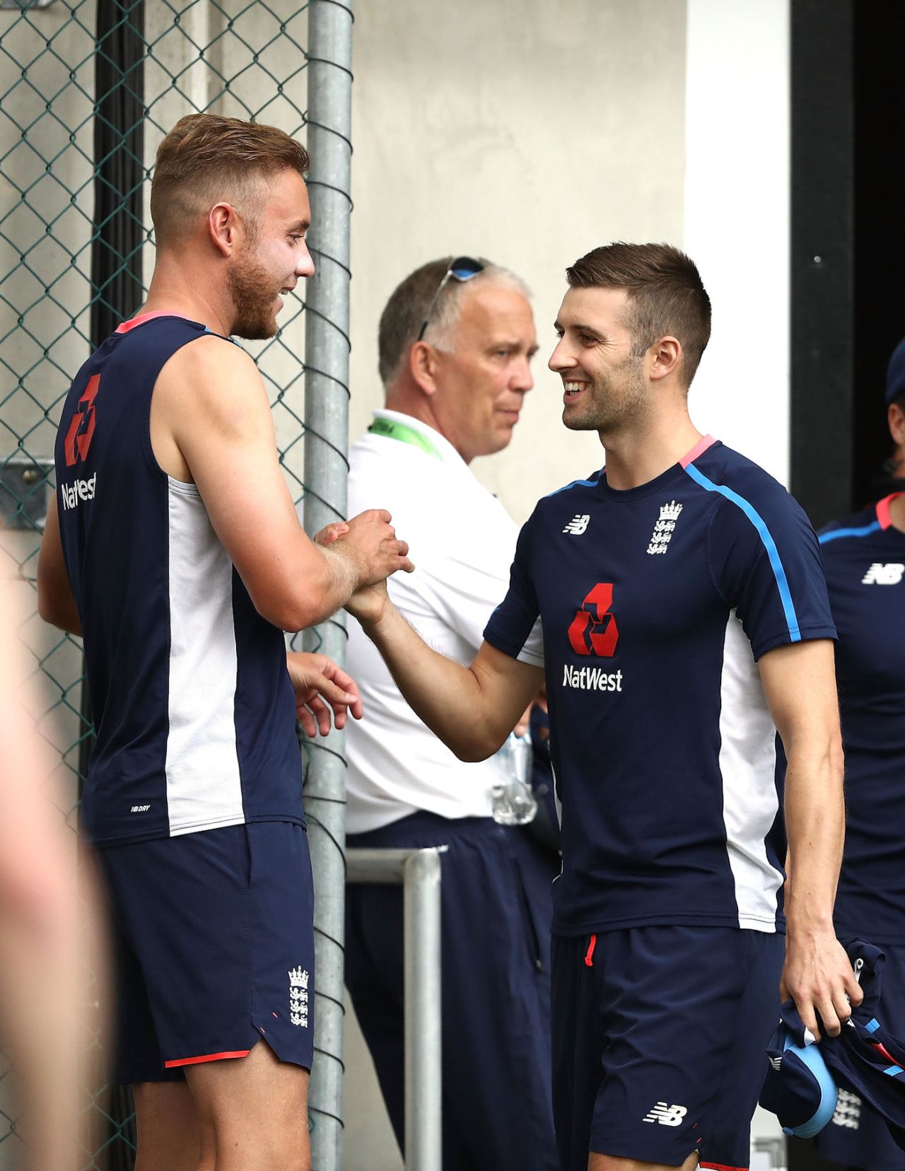 Mark Wood catches up with Stuart Broad during an England net session in Brisbane, the Gabba, November 21, 2017
