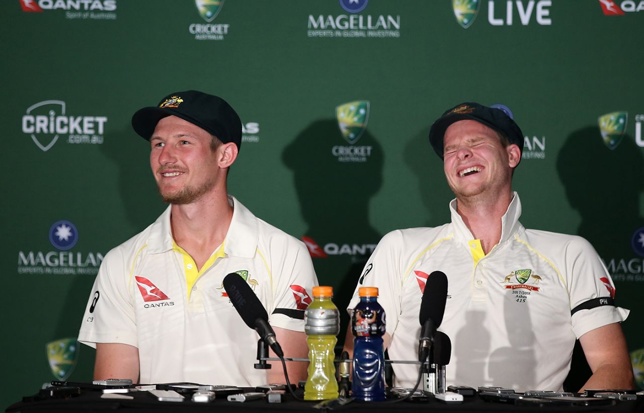 Steven Smith had a hard time controlling his laughter during Cameron Bancroft's press conference, Australia v England, The Ashes 2017-18, 1st Test, 5th day, Brisbane, November 27, 2017