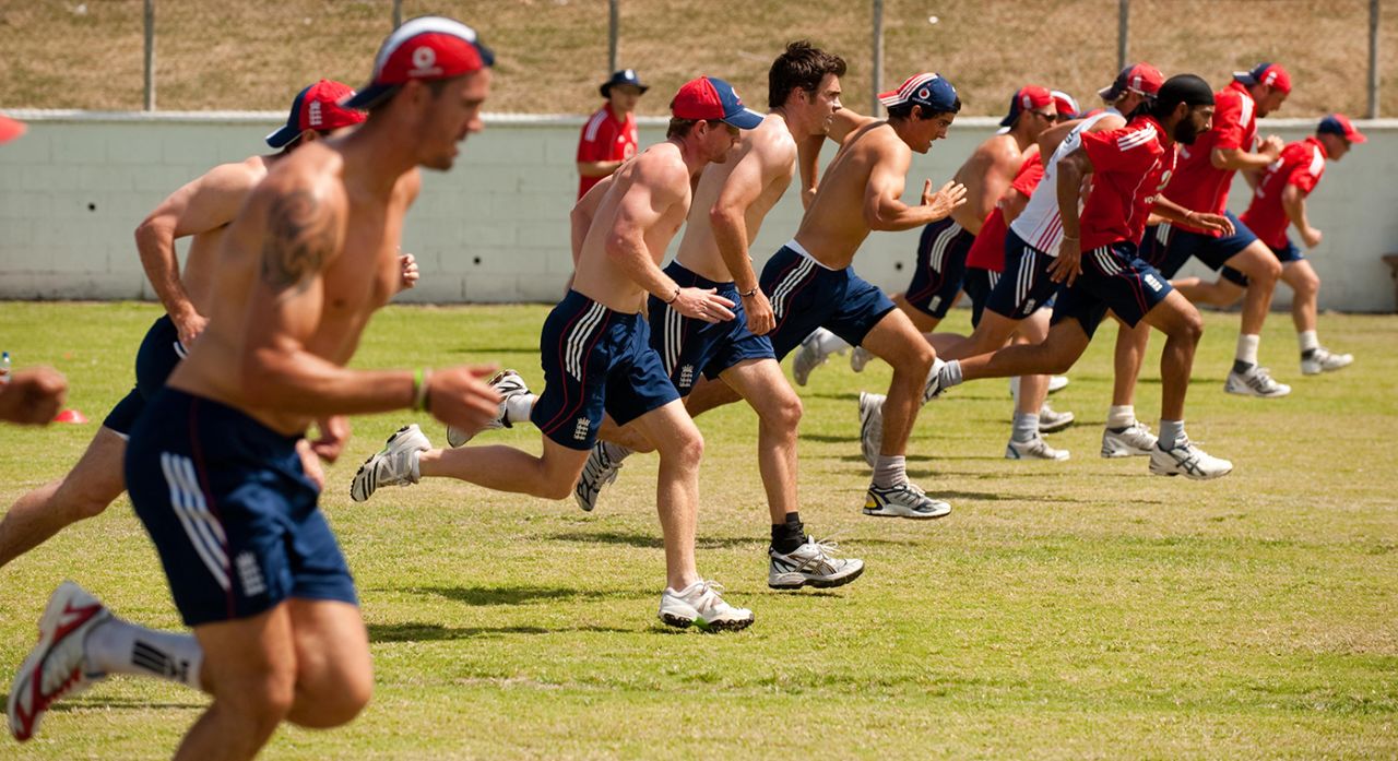England players take a beep test, Antigua, February 10, 2009