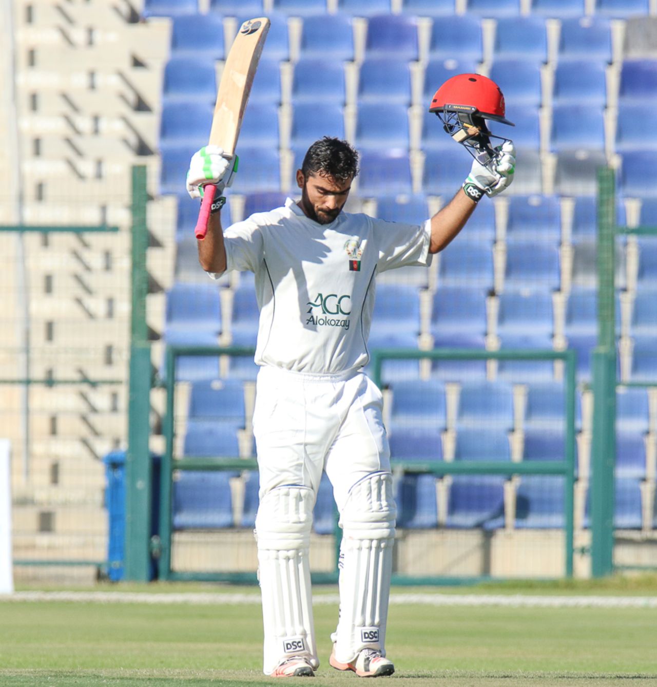 Ihsanullah demonstrates his humility with a reserved celebration after notching his maiden first-class century, UAE v Afghanistan, 2015-17 Intercontinental Cup, 1st day, Abu Dhabi, November 29, 2017