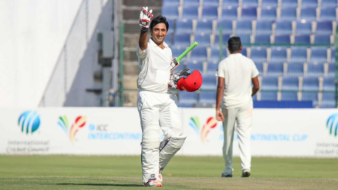 Asghar Stanikzai holds up four fingers after scoring his fourth century of the current Intercontinental Cup competition, UAE v Afghanistan, 2015-17 Intercontinental Cup, 2nd day, Abu Dhabi, November 30, 2017