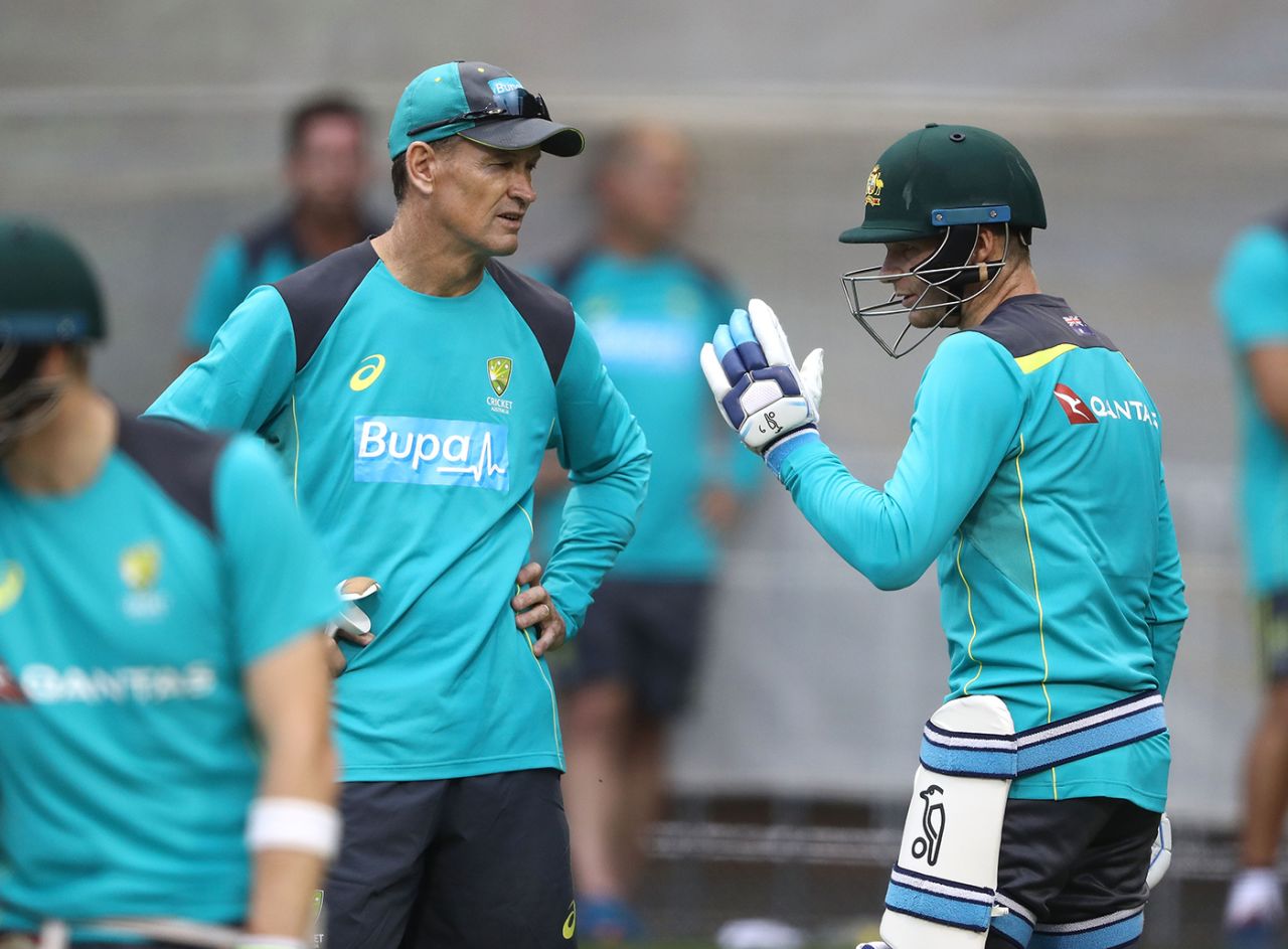 Australia batting coach Graeme Hick chats with Pete Handscomb at a training session, The Ashes 2017-18, Adelaide, November 30, 2017