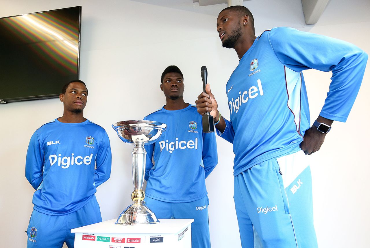 Jason Holder talks to West Indies' U-19 World Cup winners in 2016, Shimron Hetmyer and Alzarri Joseph at a media event during the launch of the U-19 World Cup, Wellington, November 30, 2017