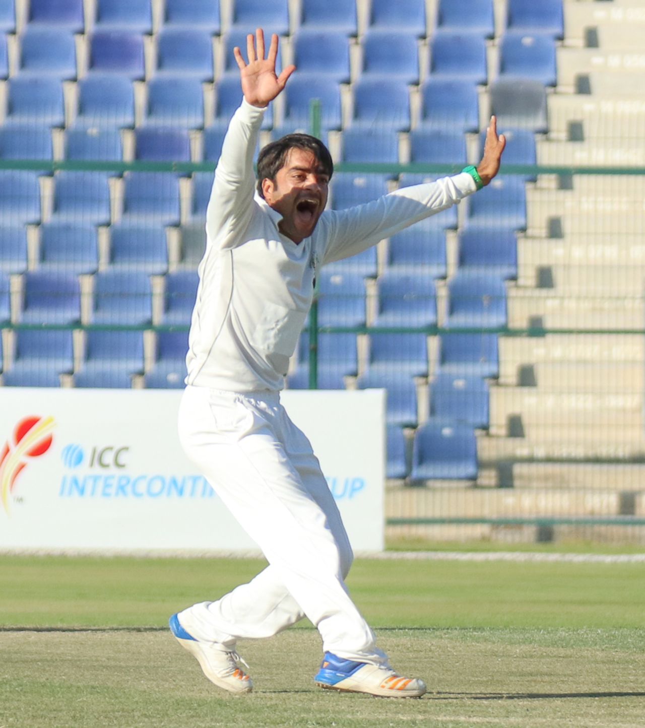 Rashid Khan belts out a successful appeal for lbw, UAE v Afghanistan, 2015-17 Intercontinental Cup, 2nd day, Abu Dhabi, November 30, 2017