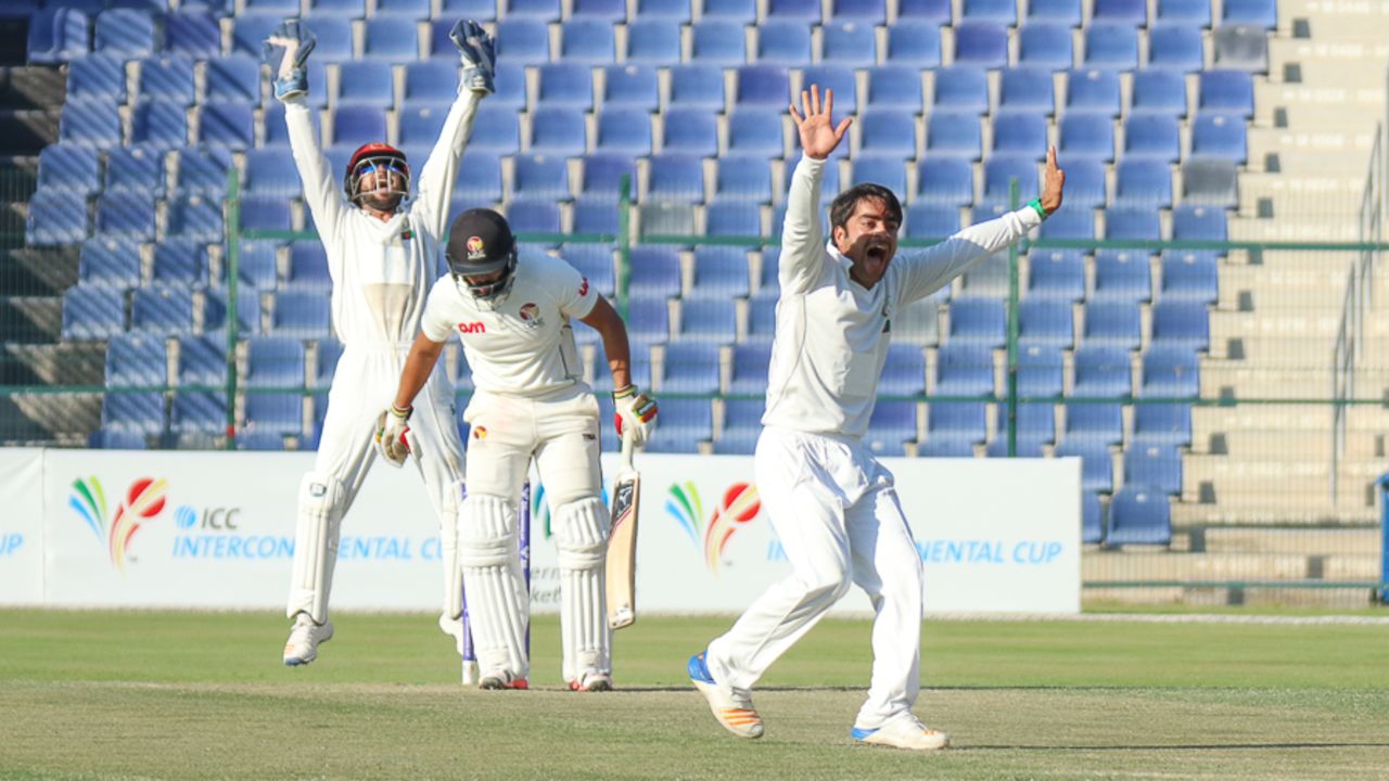 Rashid Khan wins an lbw appeal for the wicket of Rameez Shahzad, UAE v Afghanistan, 2015-17 Intercontinental Cup, 2nd day, Abu Dhabi, November 30, 2017
