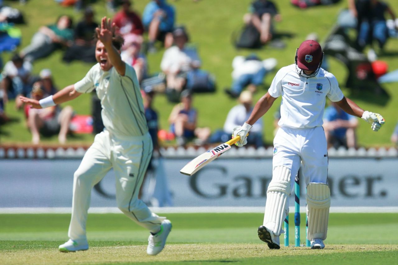 Trent Boult goes up in appeal for the wicket of Kieran Powell, New Zealand v West Indies, 1st Test, Wellington, 1st day, December 1, 2017