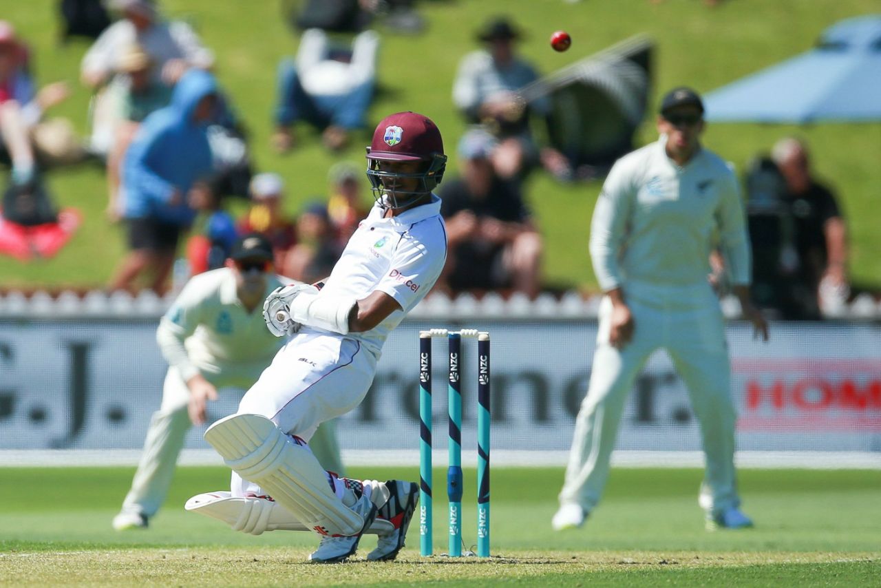Kraigg Brathwaite avoids a bouncer, New Zealand v West Indies, 1st Test, Wellington, 1st day, December 1, 2017
