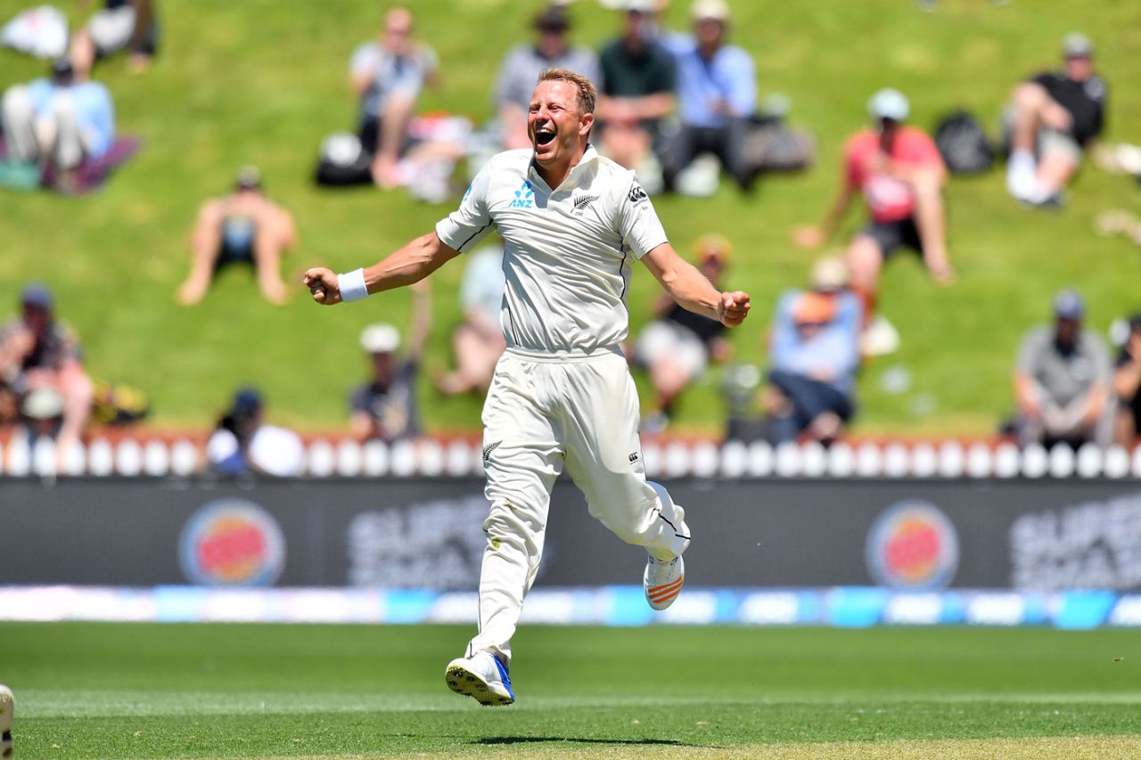 Neil Wagner rejoices after having Roston Chase caught at leg slip, New Zealand v West Indies, 1st Test, Wellington, 1st day, December 1, 2017