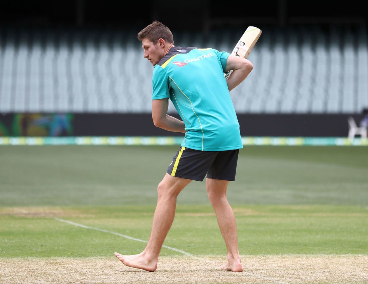 A barefoot Cameron Bancroft gets a feel for the pitch, Adelaide, December 1, 2017