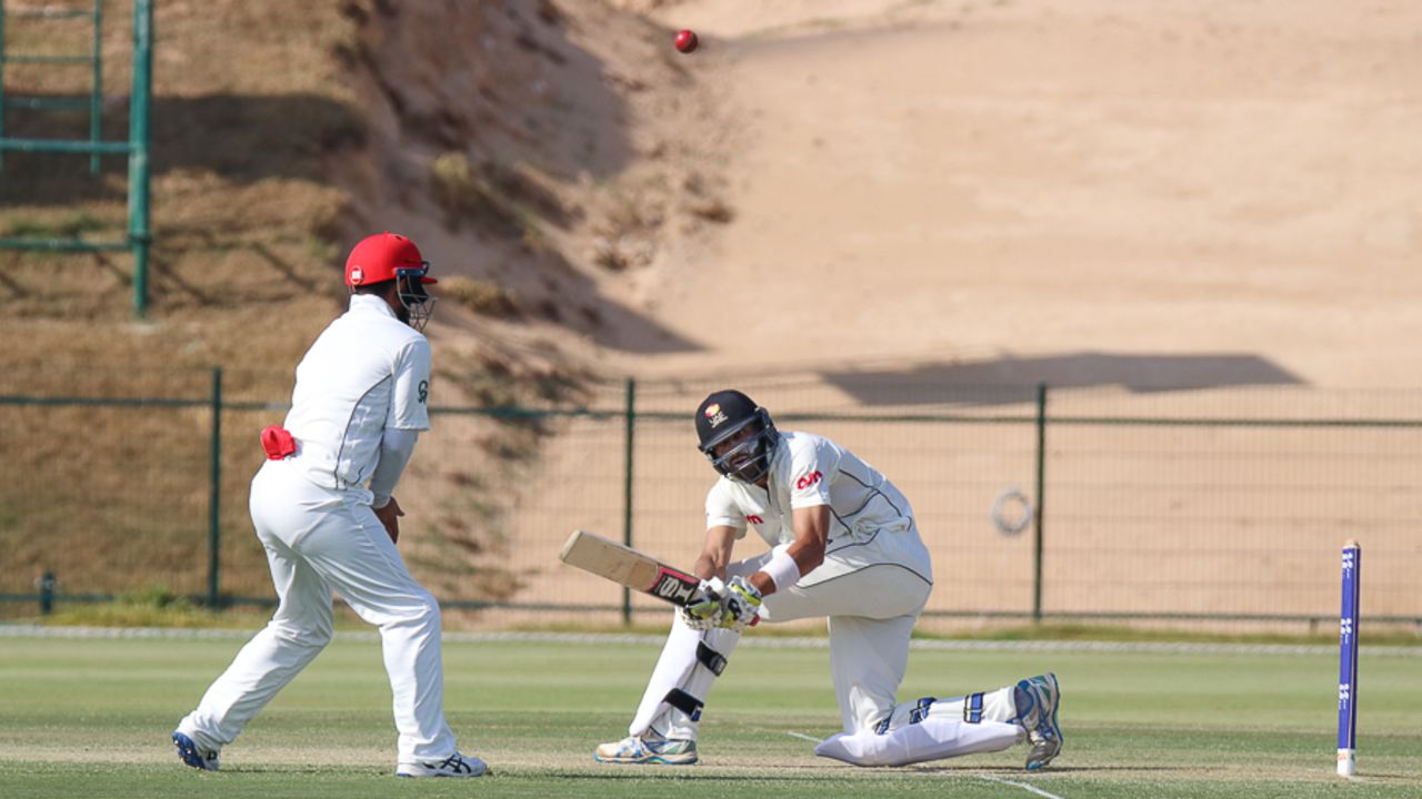 Ahmed Raza top edges a sweep toward short fine leg to fall for 28, UAE v Afghanistan, 2015-17 Intercontinental Cup, 3rd day, Abu Dhabi, December 1, 2017