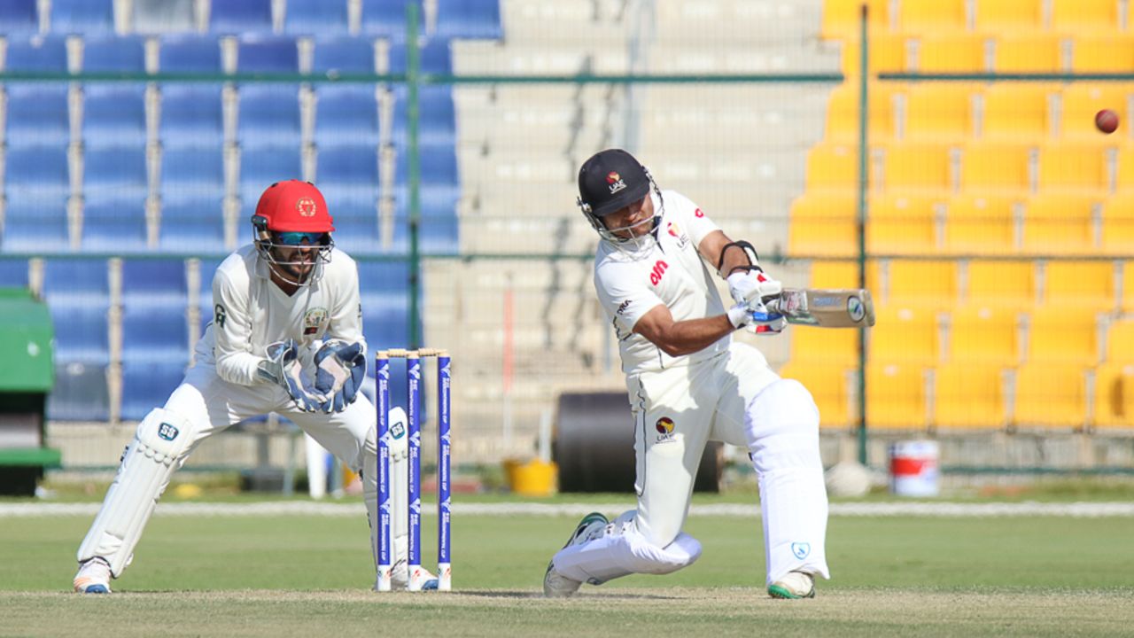 Shaiman Anwar slogs a six over midwicket during his unbeaten 85, UAE v Afghanistan, 2015-17 Intercontinental Cup, 3rd day, Abu Dhabi, December 1, 2017