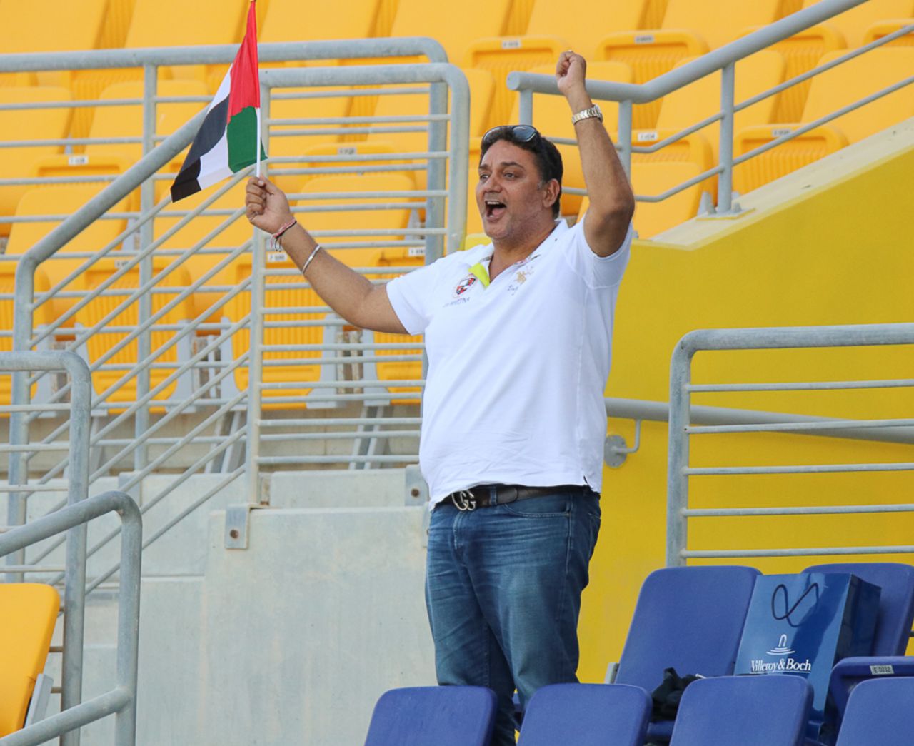 One of the few UAE fans present, Bobby Suri cheers on his son Chirag, UAE v Afghanistan, 2015-17 Intercontinental Cup, 3rd day, Abu Dhabi, December 1, 2017