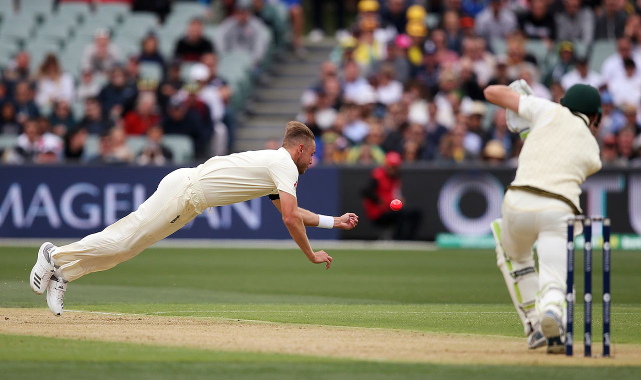 Stuart Broad dives in his follow-through, Australia v England, 2nd Test, The Ashes 2017-18, 1st day, Adelaide, December 2, 2017