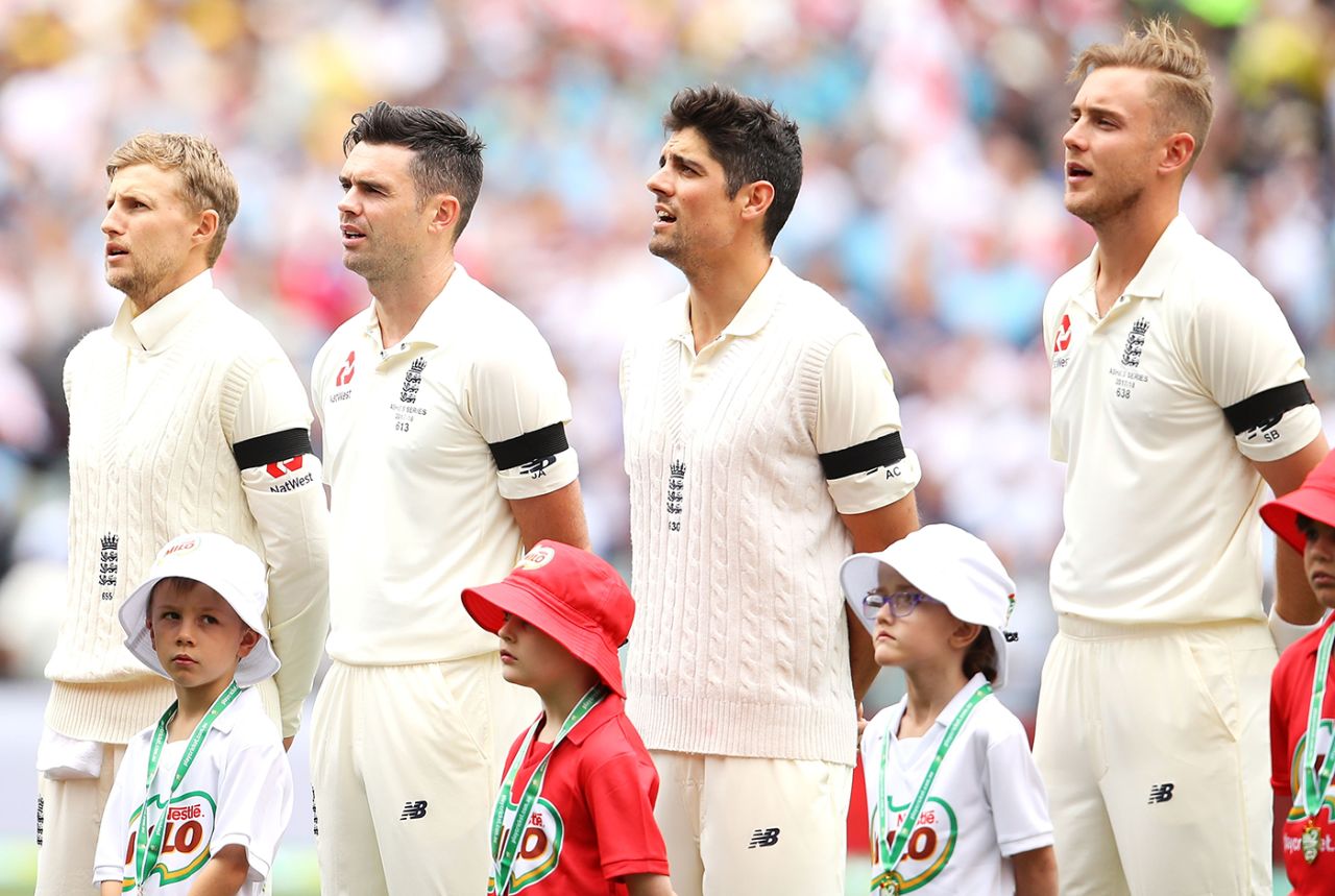 Joe Root, James Anderson, Alastair Cook, Stuart Broad at the singing of the national anthems, Australia v England, 2nd Test, The Ashes 2017-18, 1st day, Adelaide, December 2, 2017