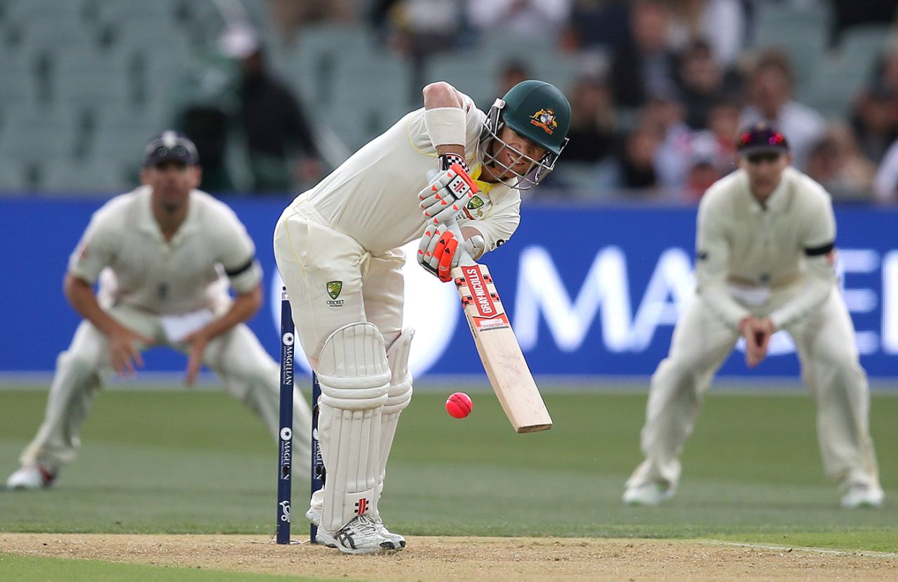 David Warner looks to play one straight, Australia v England, 2nd Test, The Ashes 2017-18, 1st day, Adelaide, December 2, 2017