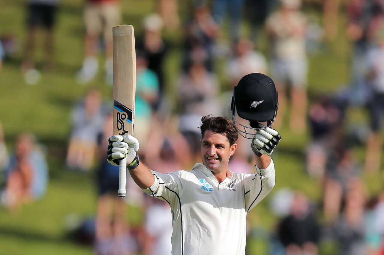 Colin de Grandhomme raises his bat after notching up his century, New Zealand v West Indies, 1st Test, Wellington, 2nd day, December 2, 2017