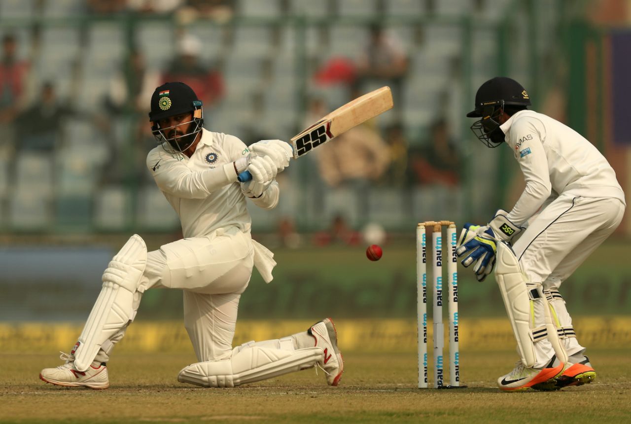 M Vijay gets down for a sweep, India v Sri Lanka, 3rd Test, Delhi, 1st day, December 2, 2017