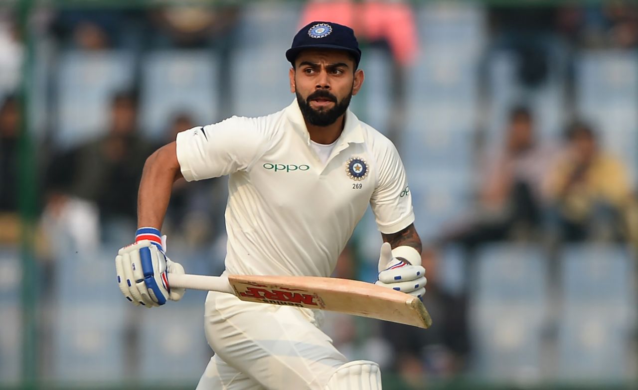 Virat Kohli goes across for a run, India v Sri Lanka, 3rd Test, Delhi, 1st day, December 2, 2017