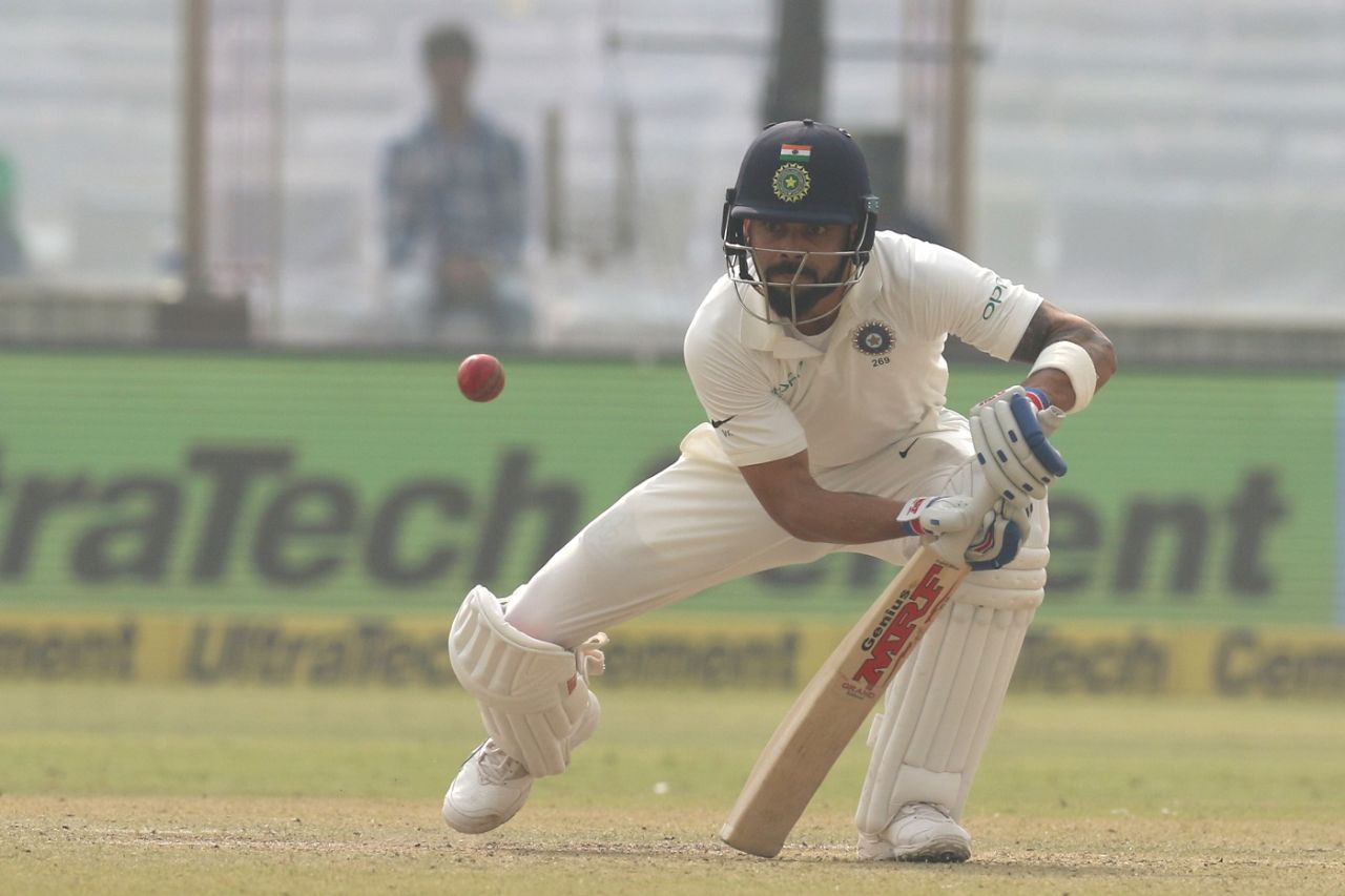 Virat Kohli plays an unusual shot, India v Sri Lanka, 3rd Test, Delhi, 1st day, December 2, 2017