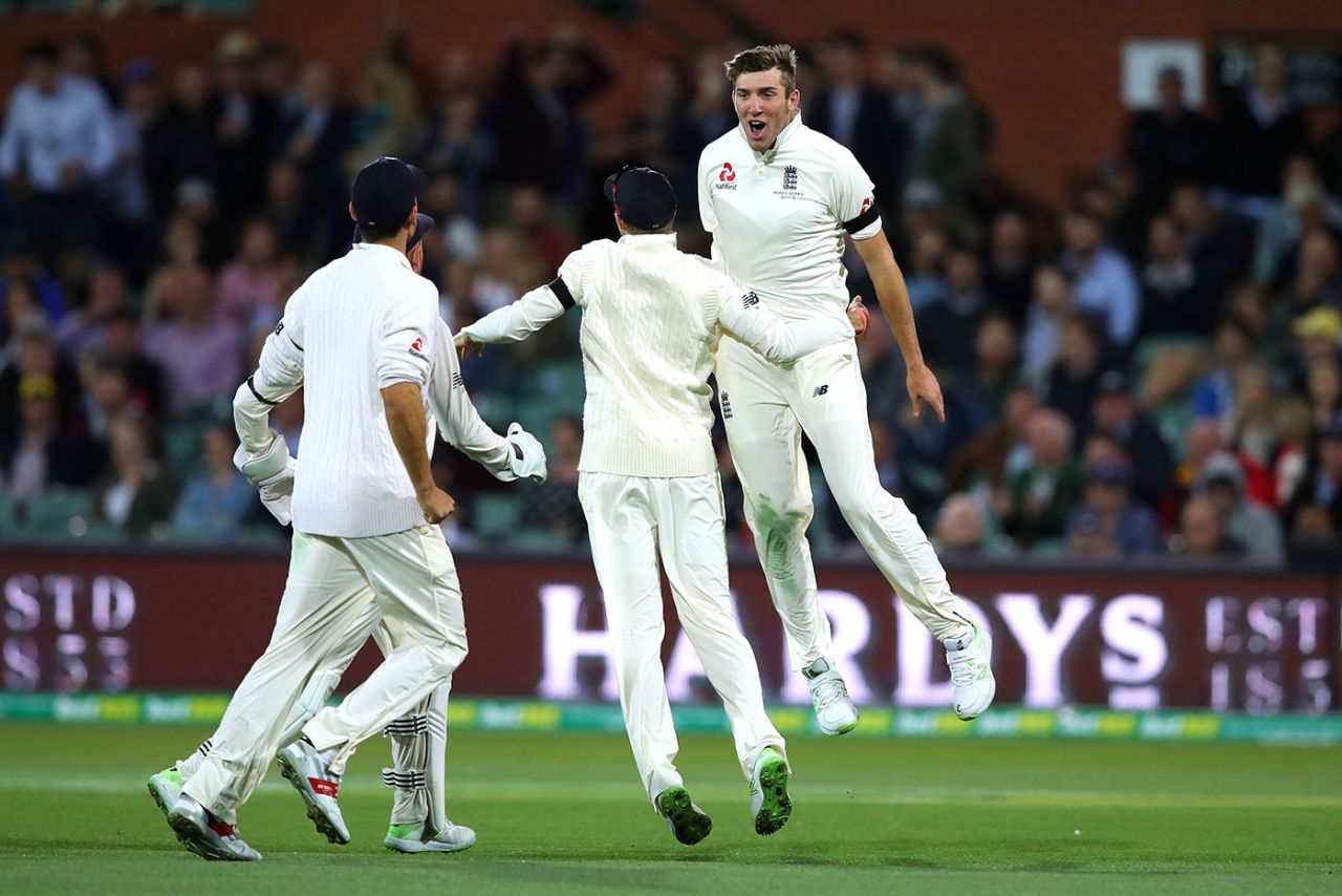 Not a bad first Test wicket: Craig Overton celebrates removing Steven Smith, Australia v England, 2nd Test, The Ashes 2017-18, 1st day, Adelaide, December 2, 2017