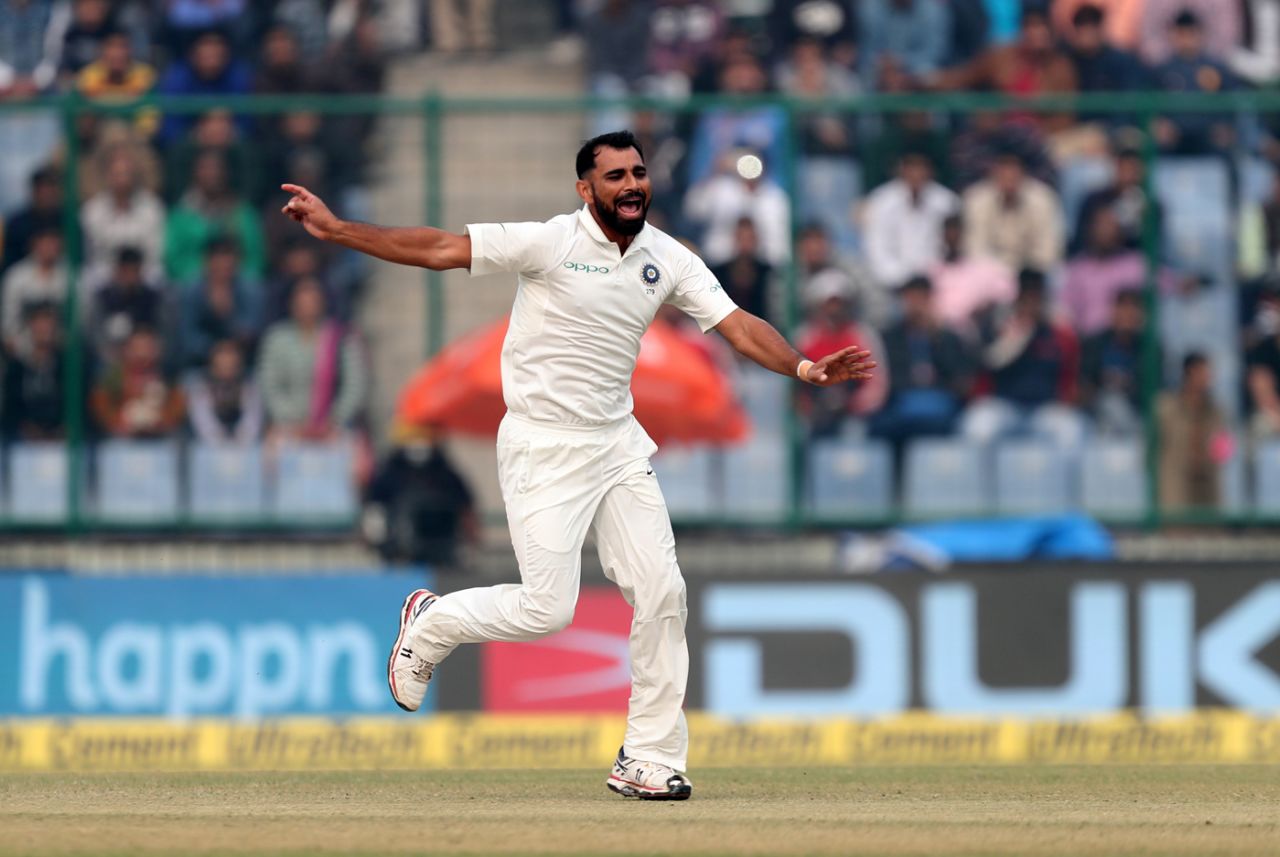 Mohammed Shami is ecstatic upon removing Dimuth Karunaratne off the first ball of Sri Lanka's innings, India v Sri Lanka, 3rd Test, Delhi, 2nd day, December 3, 2017