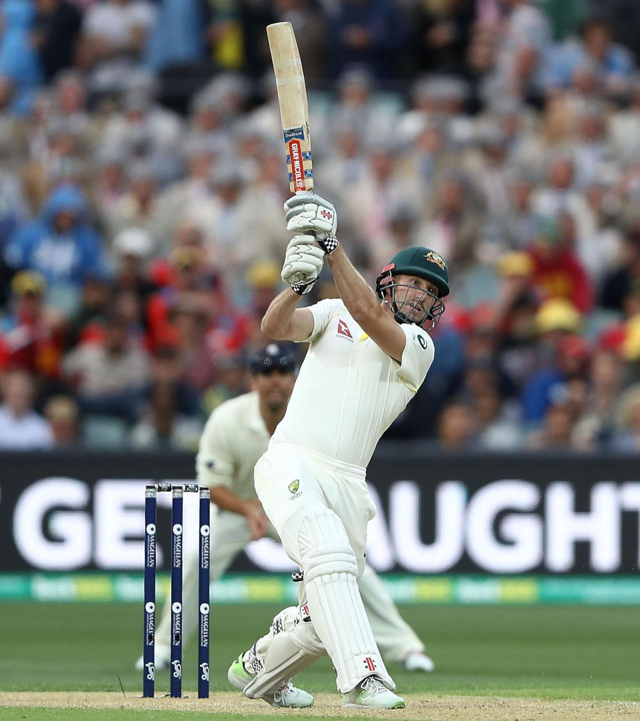 Shaun Marsh strikes Stuart Broad for six, Australia v England. second Test, Adelaide, December 3, 2017