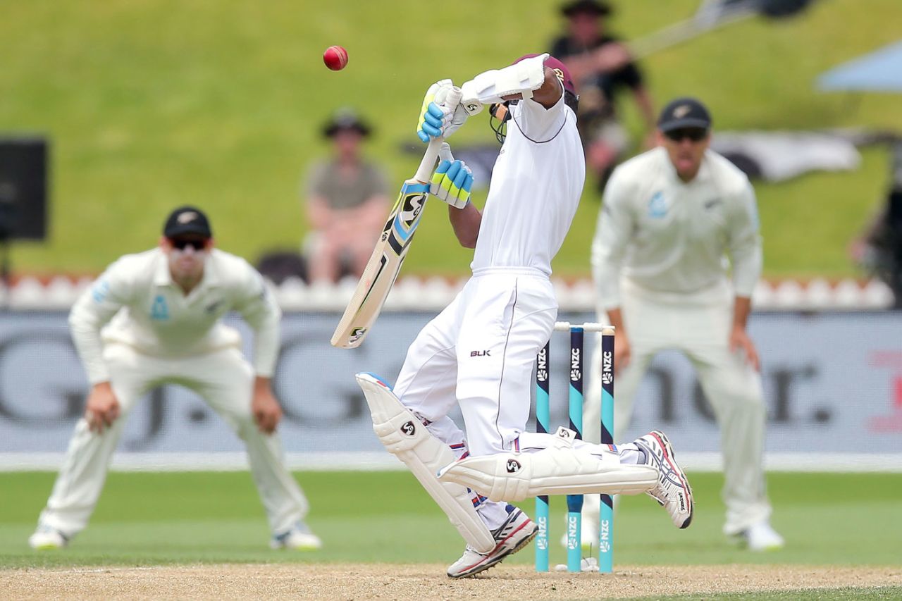Shane Dowrich fends awkwardly at a bouncer, New Zealand v West Indies, 1st Test, Wellington, 4th day, December 4, 2017