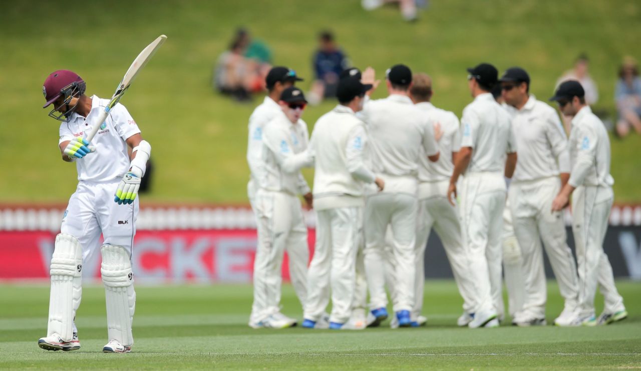 The New Zealand players celebrate Shane Dowrich's wicket, New Zealand v West Indies, 1st Test, Wellington, 4th day, December 4, 2017