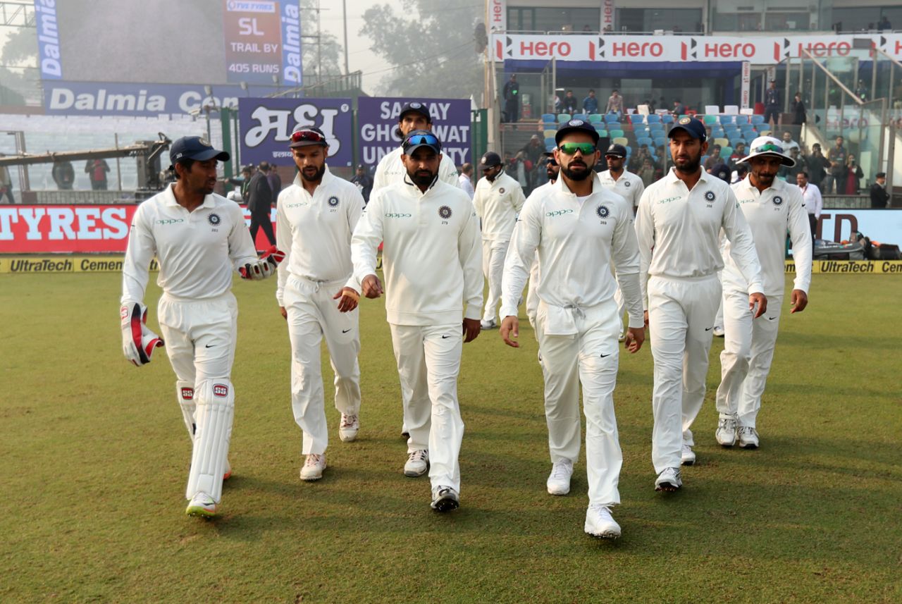 Virat Kohli leads the team out on the third morning of the Delhi Test, India v Sri Lanka, 3rd Test, Delhi, 3rd day, December 4, 2017