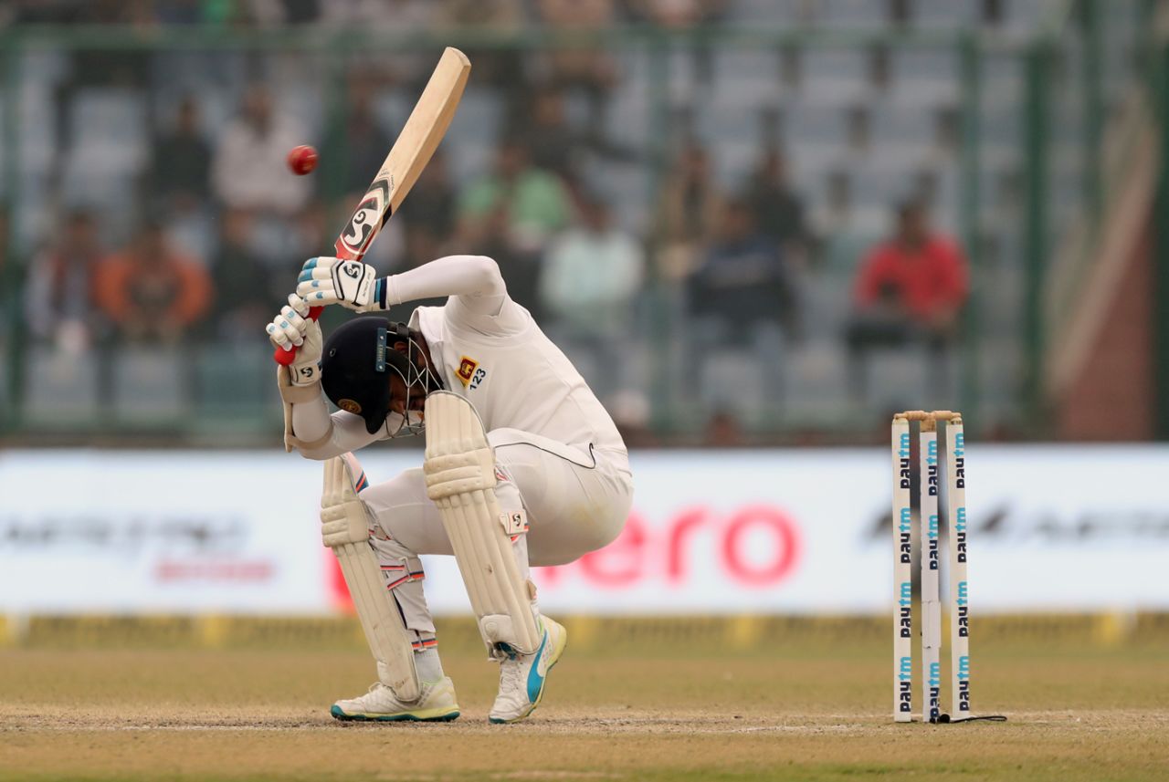 Dimuth Karunaratne ducks under a bouncer, India v Sri Lanka, 3rd Test, Delhi, 4th day, December 5, 2017