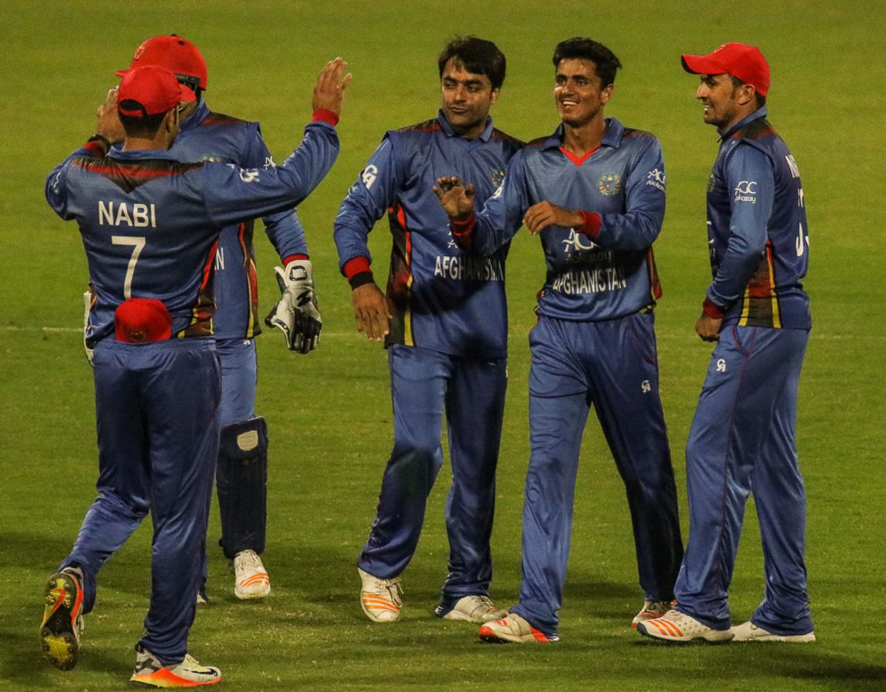 Afghanistan gets into celebration mode after Mujeeb Zadran bowls Gary Wilson for his third wicket on ODI debut, Afghanistan v Ireland, 1st ODI, Sharjah, December 5, 2017
