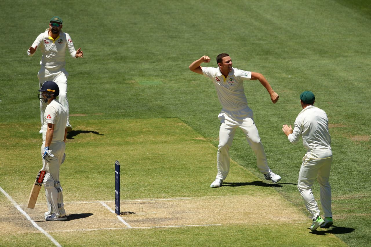Josh Hazlewood dismissed Chris Woakes with the second ball of the fifth morning, Australia v England, 2nd Test, Adelaide, December 6, 2017