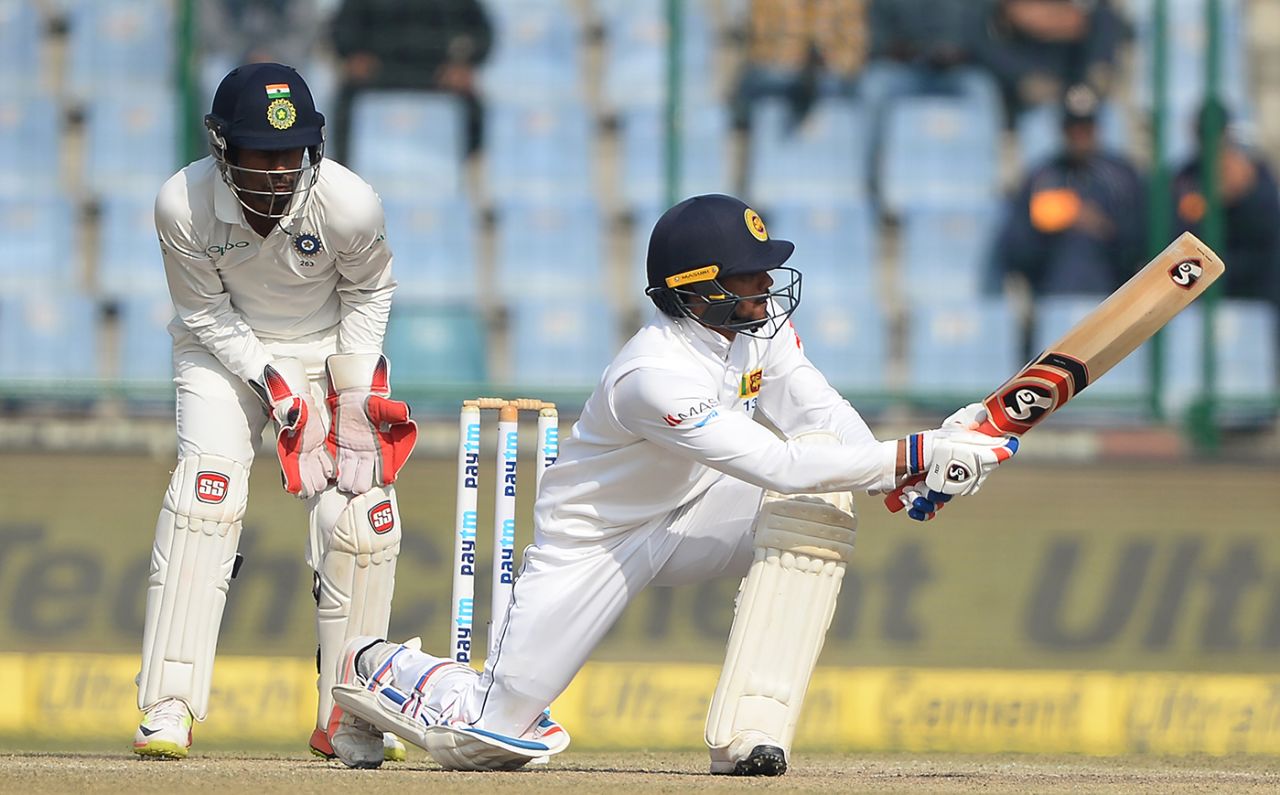 Dhananjaya de Silva plays a sweep, India v Sri Lanka, 3rd Test, Delhi, 5th day, December 6, 2017