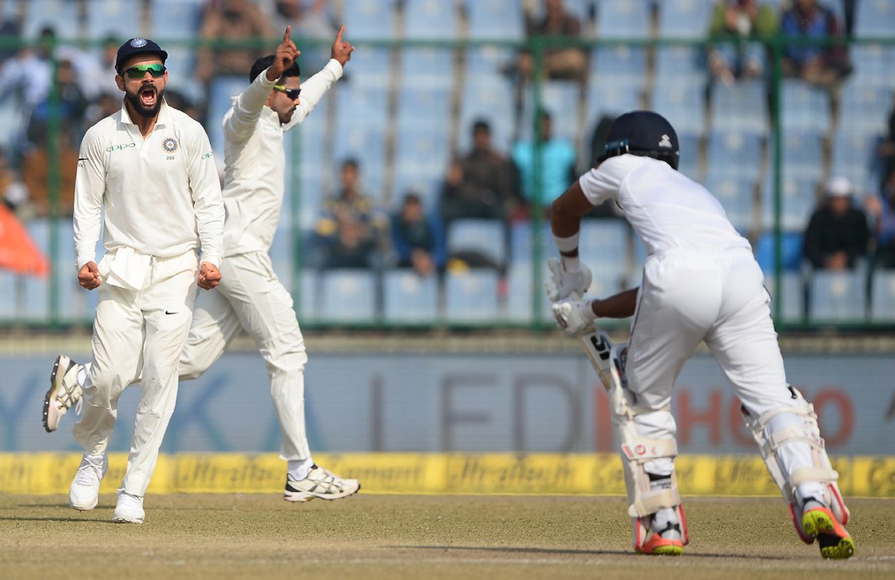 India thought they had the wicket of Dinesh Chandimal before it was revealed that Ravindra Jadeja had bowled a no-ball, India v Sri Lanka, 3rd Test, Delhi, 5th day, December 6, 2017