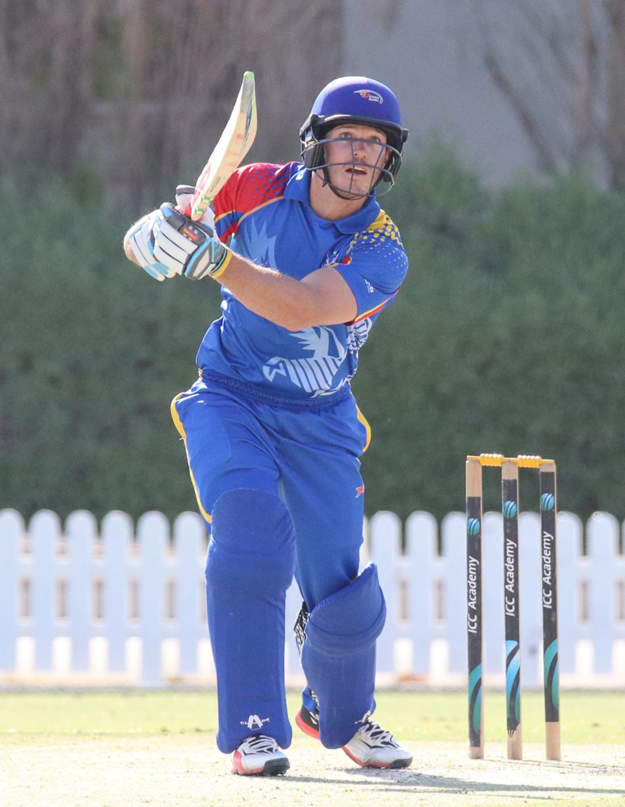 Louis van der Westhuizen strikes a pose after driving a six over mid-off, Namibia v Netherlands, 2015-17 WCL Championship, Dubai, December 6, 2017