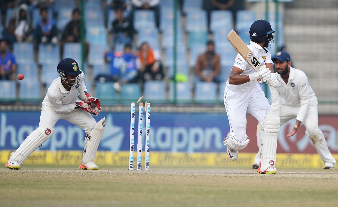 Dinesh Chandimal was bowled by R Ashwin for 36, India v Sri Lanka, 3rd Test, Delhi, 5th day, December 6, 2017