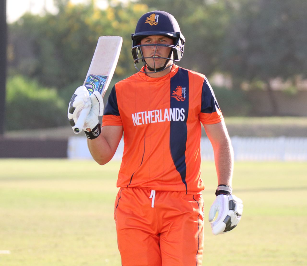 Wesley Barresi after his 120 comes to an end, including a 236-run stand with Ben Cooper, Namibia v Netherlands, 2015-17 WCL Championship, Dubai, December 6, 2017