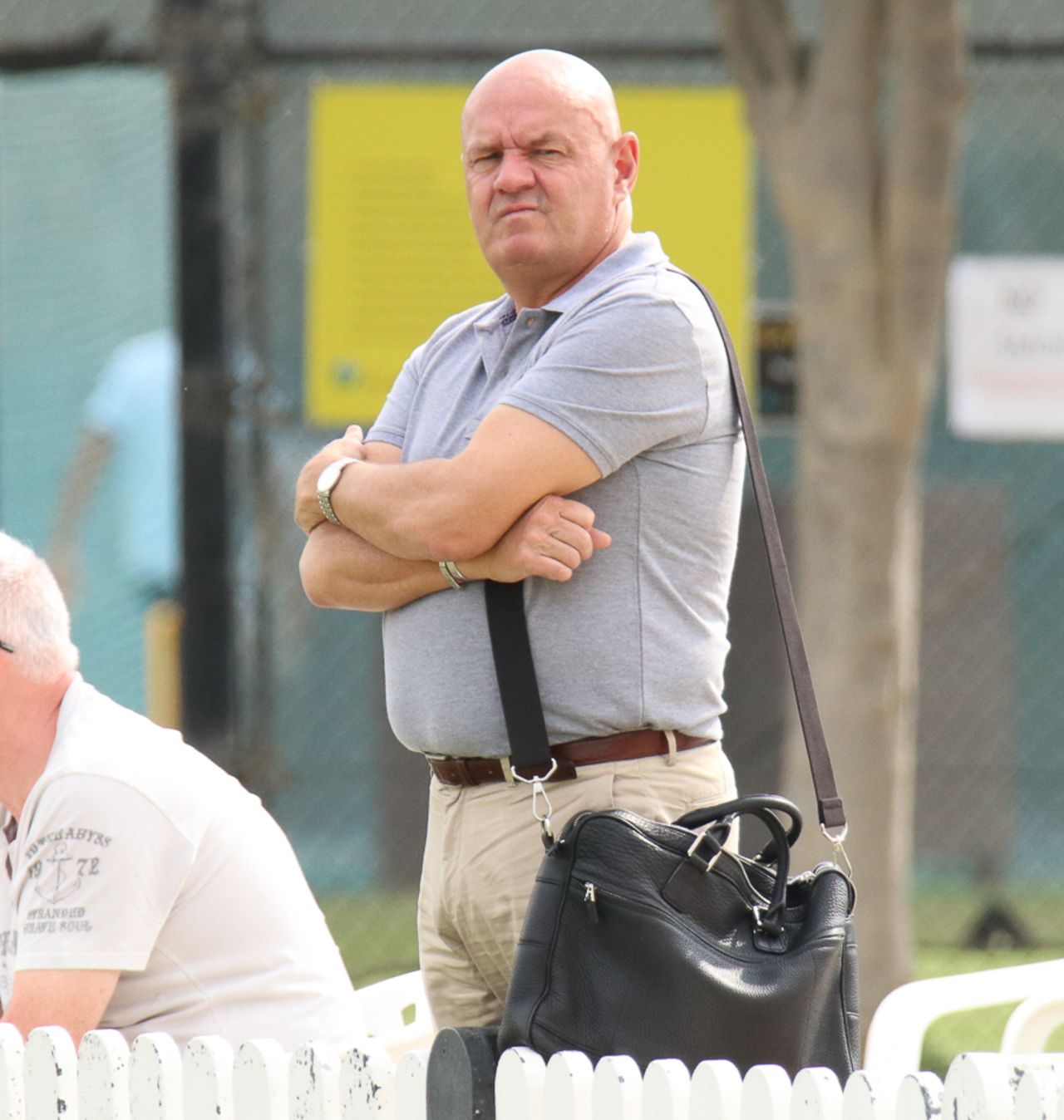 Cricket PNG chief executive Greg Campbell looks on anxiously as his team concedes a big total, Hong Kong v Papua New Guinea, 2nd ODI, 2015-17 WCL Championship, Dubai, December 8, 2017