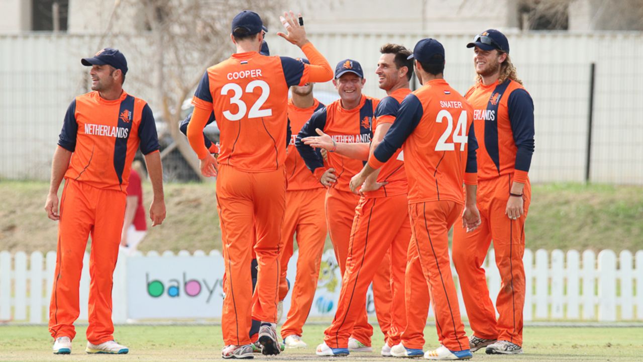 Ryan ten Doeschate gets a high five from Ben Cooper after taking a wicket in his first over for Netherlands since 2011, Namibia v Netherlands, 2015-17 WCL Championship, Dubai, December 8, 2017