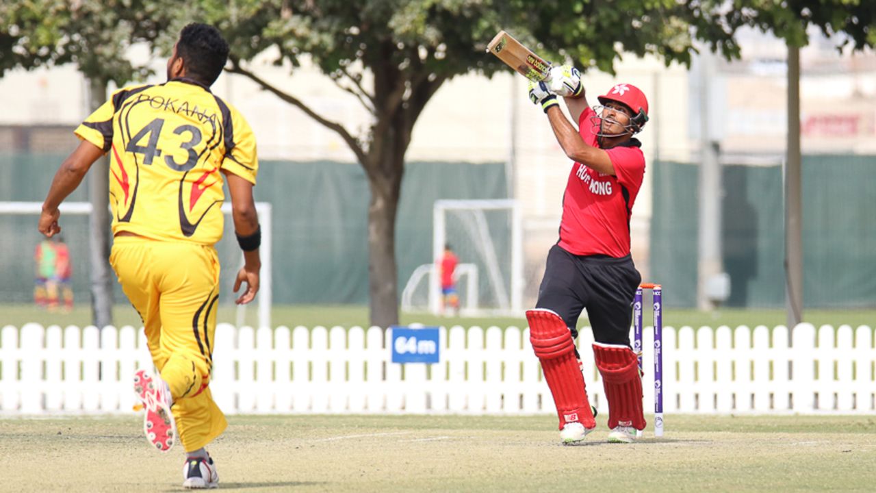 Anshuman Rath drives over mid on during his 143 not out, Hong Kong v Papua New Guinea, 2nd ODI, 2015-17 WCL Championship, Dubai, December 8, 2017